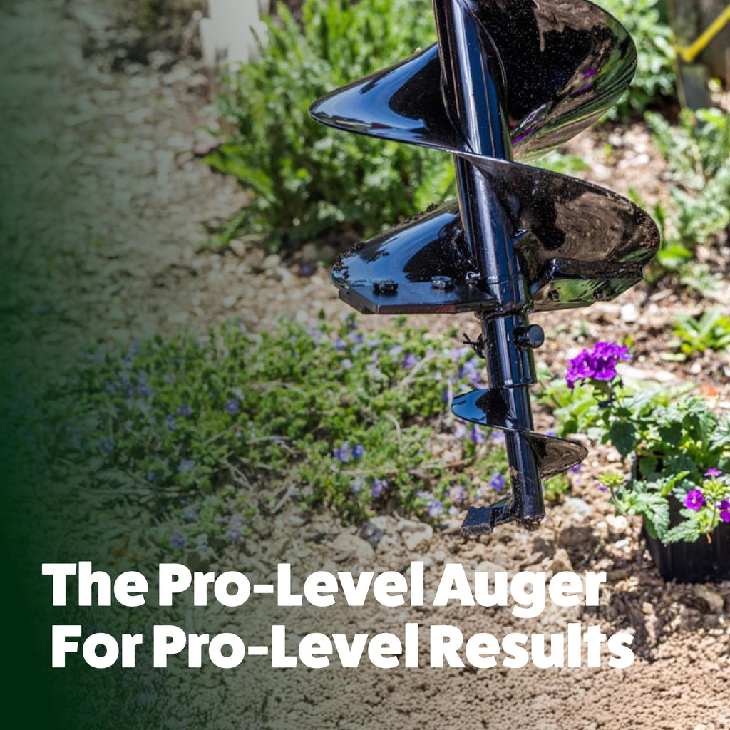 Garden auger tool in a garden setting with text 'The Pro-Level Auger For Pro-Level Results'.