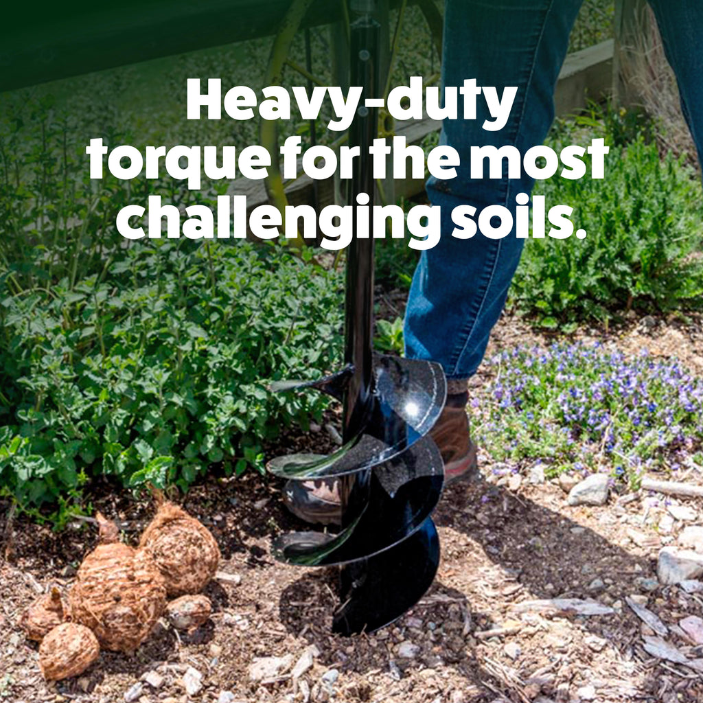 Person using a garden auger with text 'Heavy-duty torque for the most challenging soils' in a garden setting.