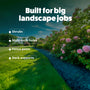 Garden scene with text 'Built for big landscape jobs' and list of products.