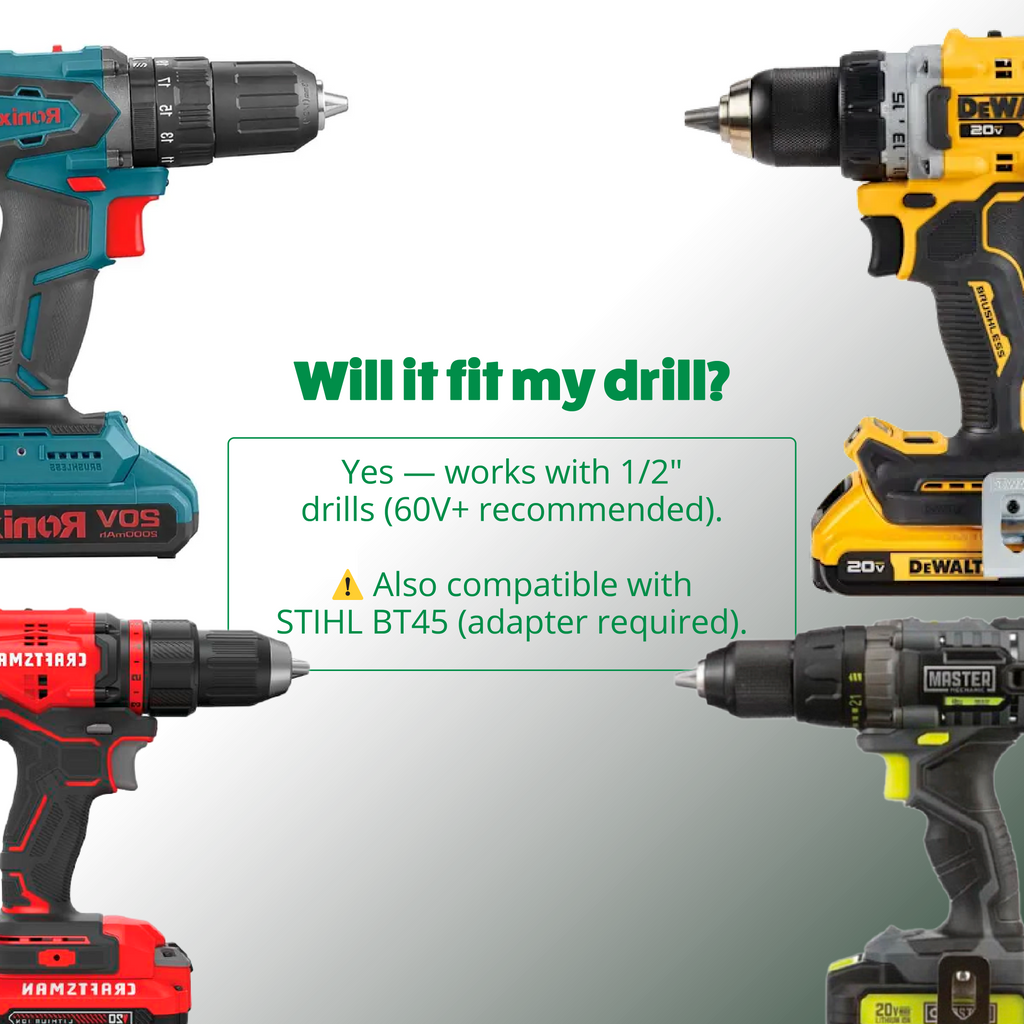 Four different cordless drills with compatibility information on a gray background