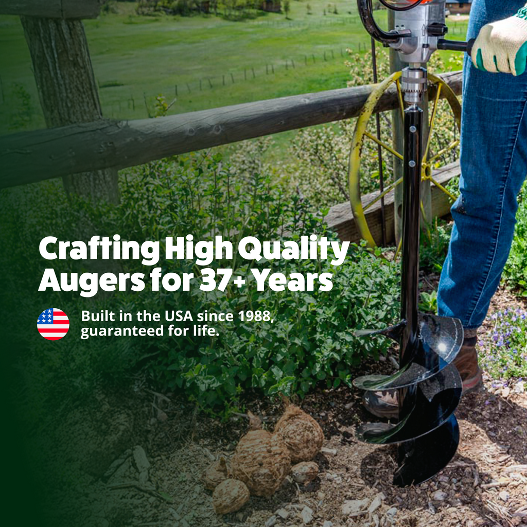 Person using a post hole digger with text about high-quality augers built in the USA since 1988.