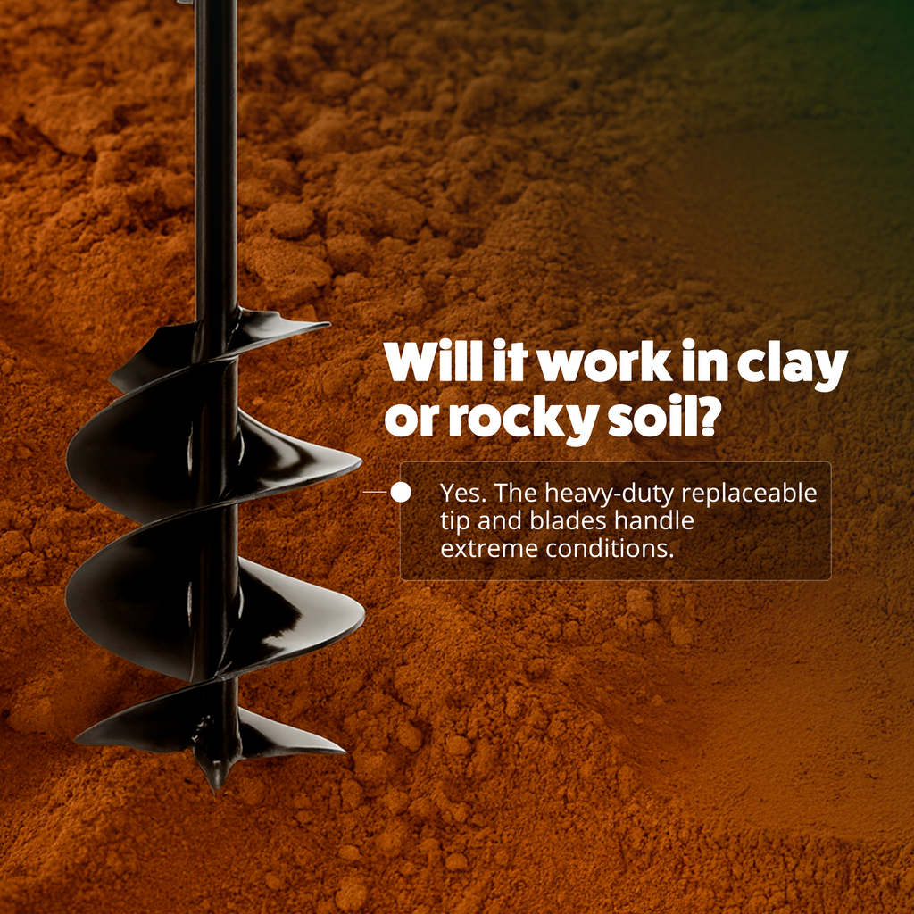 Spiral drill bit on orange soil with text about its suitability for clay or rocky soil.
