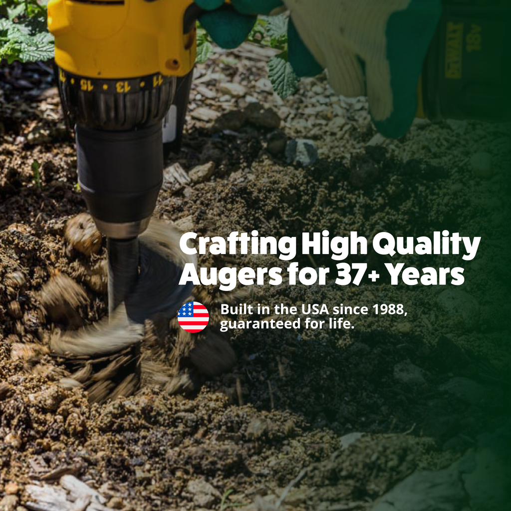 Person using a drill to dig in soil with text about high-quality augers built in the USA since 1988.