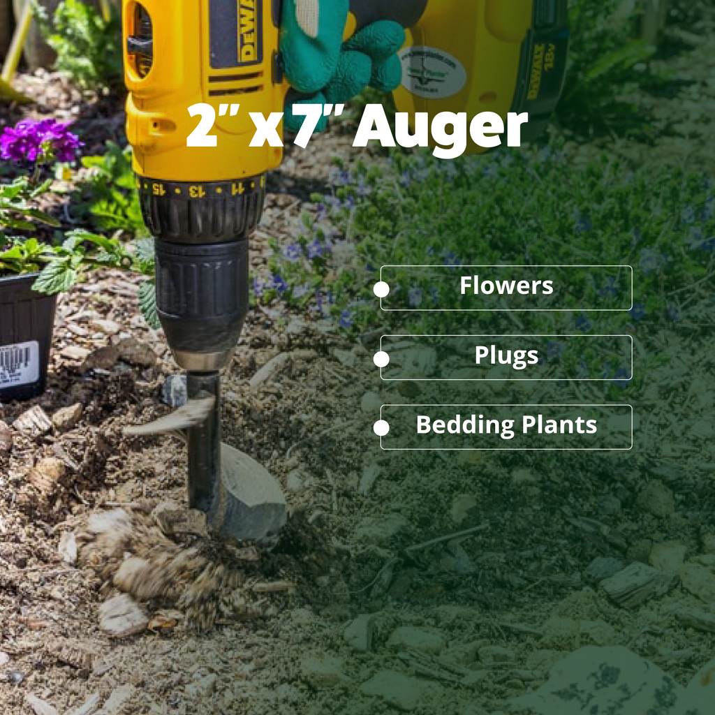 Drill with auger bit being used in a garden setting, with text indicating tool uses.