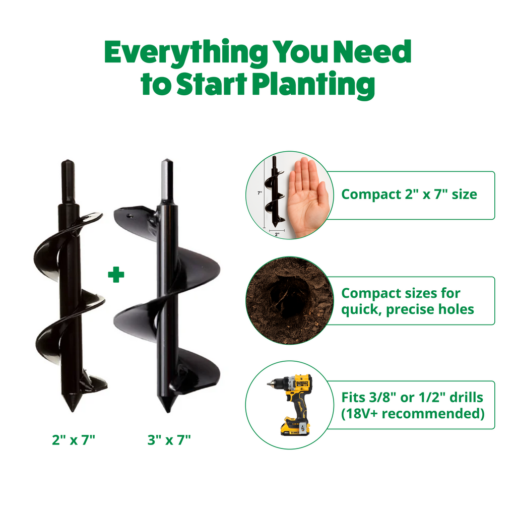 Two garden augers with specifications on a white background