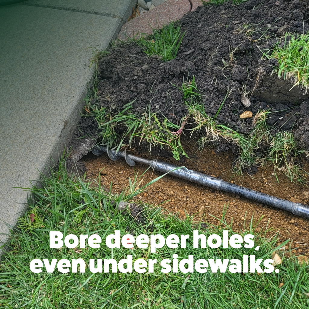 Dug hole with a drill bit on grass, text 'Bore deeper holes, even under sidewalks.'