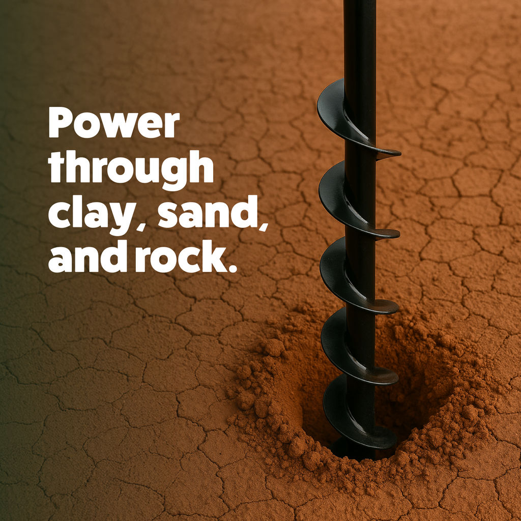 Black drill bit penetrating clay, sand, and rock with text 'Power through clay, sand, and rock.'