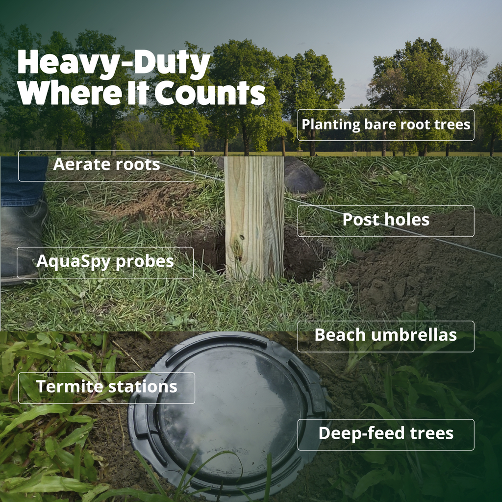 Garden bed with labeled components for tree care, including a termite station and beach umbrellas.