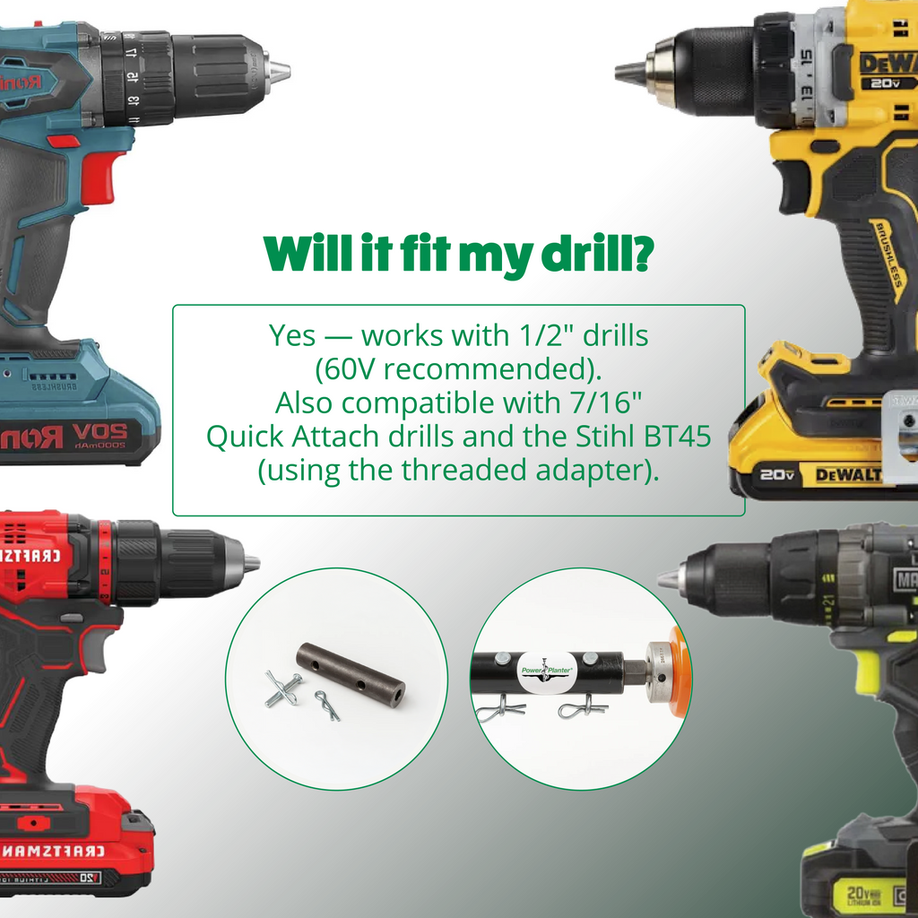 Four different cordless drills with compatibility information on a gray background