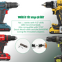 Four different cordless drills with compatibility information on a gray background