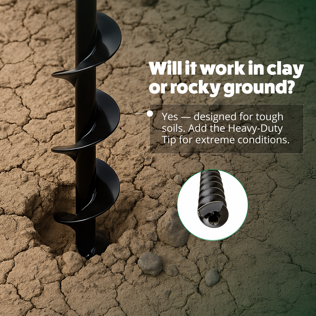 Durable auger drill bit embedded in cracked clay ground with text about its durability.