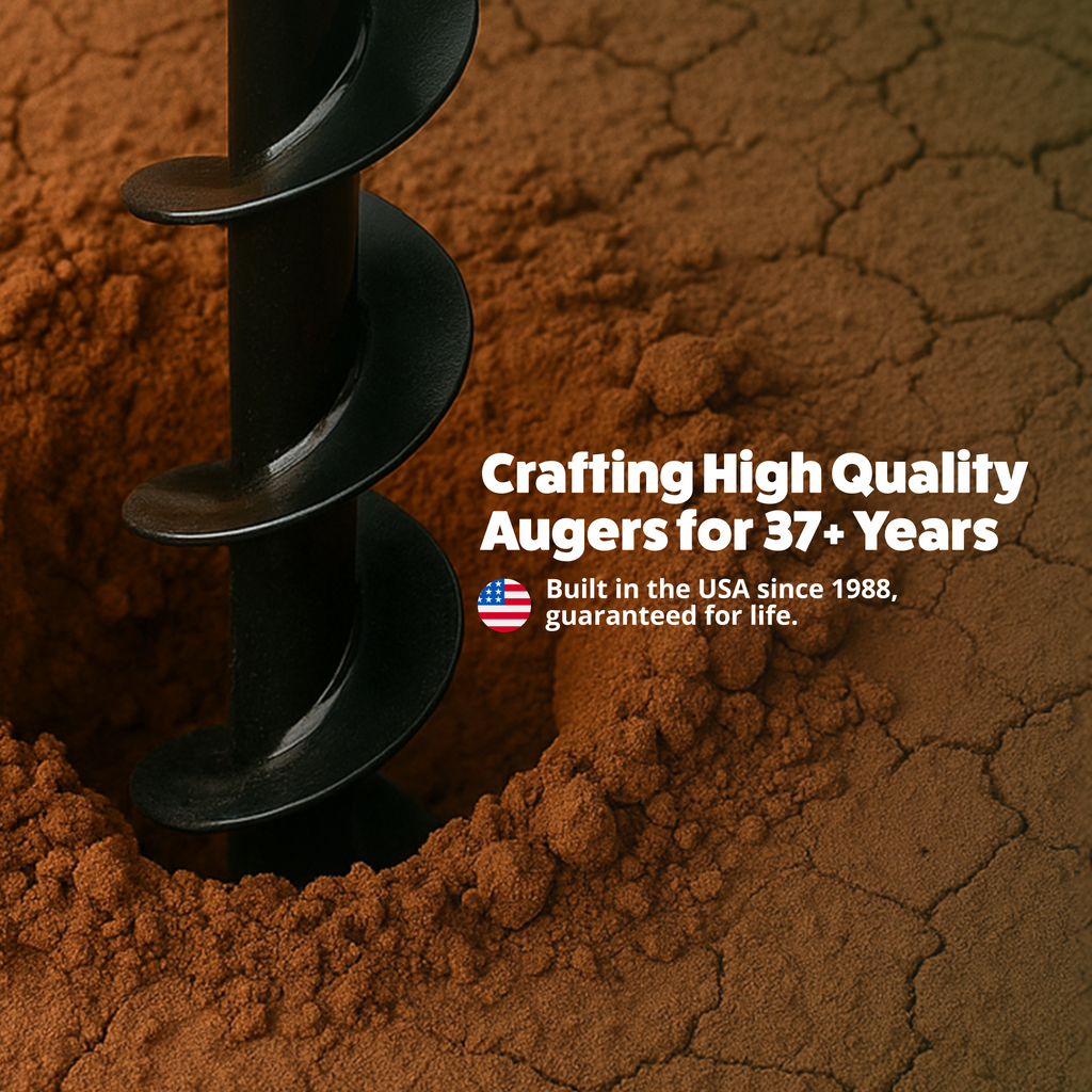 Black auger in a hole with text about high-quality augers and USA manufacturing.